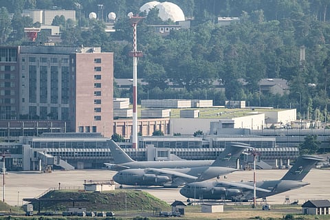 United States Air Force transport aircraft are seen on the tarmac at Ramstein US Air Base, in Landstuhl, Germany, June 23, 2025.