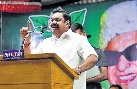 AIADMK general secretary Edappadi K Palaniswami addressing a public meeting in Omalur, Salem.
