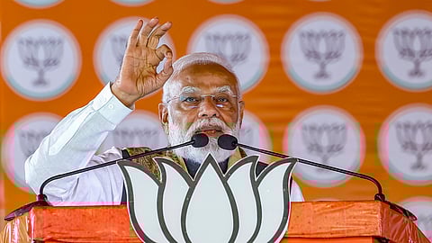 Prime Minister Narendra Modi addresses a public rally amid the ongoing Bihar Assembly elections, in Sitamarhi, Bihar.