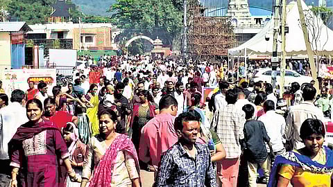 Scores of devotees thronged the Srisailam temple on Sunday.