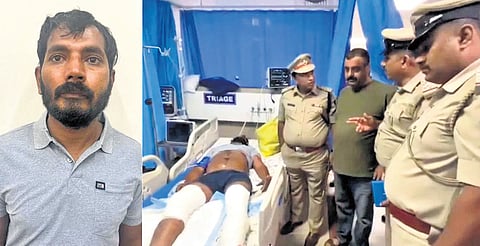 Raviprasad Reddy; (right) Police officers keep watch over the accused in hospital, after he was taken there after being shot in his legs