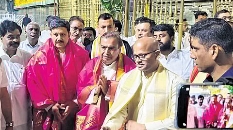 Mukesh Ambani during his visit to the sacred hill shrine of Tirumala on Sunday.