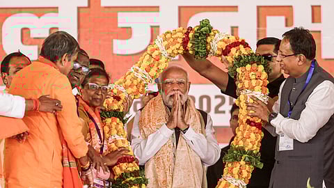 Prime Minister Narendra Modi during a public rally amid the ongoing Bihar Assembly elections, in Bettiah, Bihar.