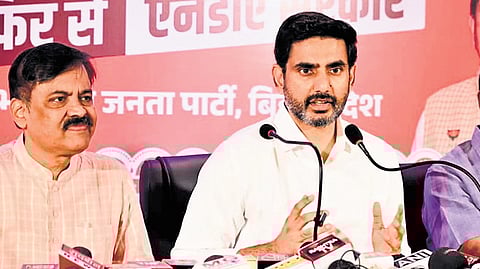 AP’s HRD & IT Minister, Nara Lokesh, addressing a press conference in Patna on Sunday as part of his campaign for NDA in Bihar elections.