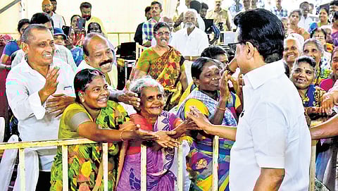CM MK Stalin interacting with senior citizens at the launch of Anbucholai, a daycare centre for the aged, at Ponmalaipatti in Tiruchy on Monday