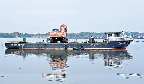 The dredger deployed to remove silt from the navigation channel anchored at Mattancherry terminal on Sunday.
