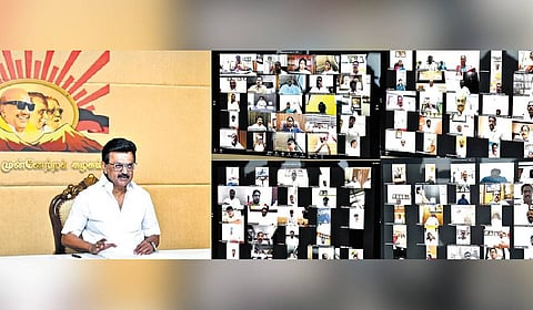 Chief Minister M K Stalin interacts with party district secretaries via video conference from Anna Arivalayam, Chennai, on Sunday.