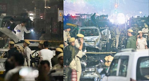Forensic experts examine the site of blast near the Red Fort (Left) and chaotic scene at the blast site with heavy police presence.
