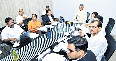 CM Nara Chandrababu Naidu addressing a review meeting with a high-level Central team on the loss incurred due to Cyclone Montha, on Tuesday.