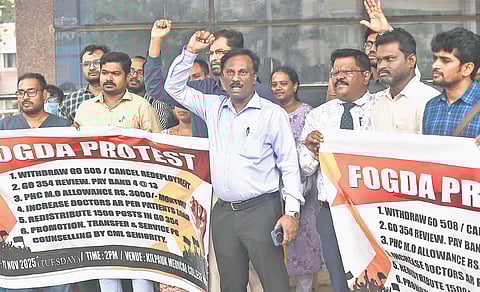 Government doctors protest at the Kilpauk medical college and hospital in Chennai on Tuesday