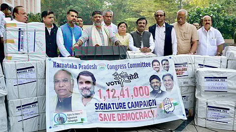 He was speaking to reporters at the AICC headquarters in Delhi after handing over the 1.12 crore signatures collected in Karnataka as part of a campaign against ‘vote chori’ to AICC president Mallikarjun Kharge.