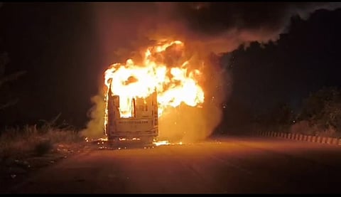 The bus, traveling from Hyderabad to Nellore, caught fire after the driver noticed smoke emerging from the engine.