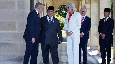 Indonesia's President Prabowo Subianto, center, speaks with Australia's Governor-General Sam Mostyn, right, and Australia's Prime Minister Anthony Albanese, front right, at Admiralty House in Sydney, Australia, Wednesday, Nov. 12, 2025.