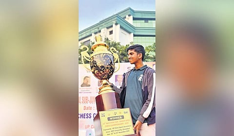 Goutham Krishna H after being crowned champion in the 50th National Sub Junior (Open) Chess championship held recently in Uttar Pradesh
