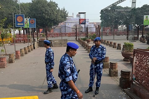 Security personnel keep vigil in the aftermath of a blast, near the Red Fort, in New Delhi on Thursday.