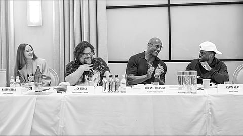 Dwayne Johnson along with Kevin Hart, Jack Black and Karen Gillan during the table read of Jumanji 3