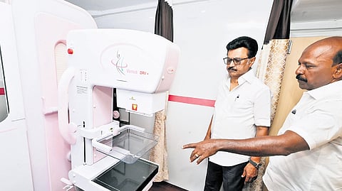 Chief Minister M K Stalin inspecting the mobile medical units along with Health Minister Ma Subramanian in Chennai on Thursday.