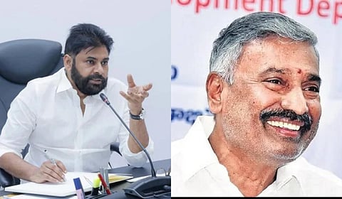 Deputy Chief Minister and Minister for Forests K Pawan Kalyan (L) and former forest minister and senior YSRCP leader Peddireddy Ramachandra Reddy.