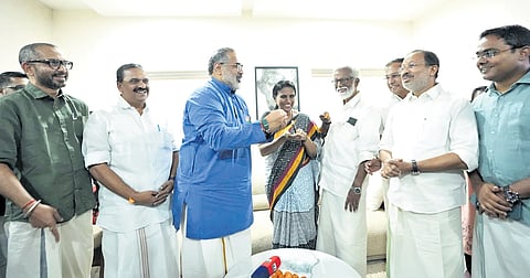 BJP state president Rajeev Chandrasekhar and leaders K Surendran, P K Krishnadas, Kummanam Rajasekharan, V Muraleedharan, and former DGP and Sasthamangalam ward candidate R Sreelekha are celebrating the NDA’s landslide win in the Bihar assembly elections, at Mararji Bhavan in Thiruvananthapuram on Friday