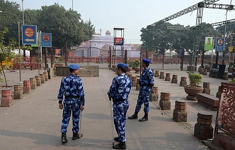 Security personnel keep vigil in the aftermath of a blast, near the Red Fort, in New Delhi on Thursday.