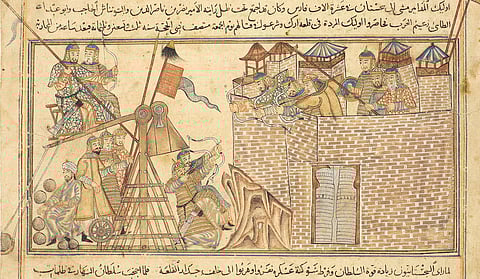 A rendition from a 14th-century Arabic text of the catapult system, quite similar to the one used in the Siege of Caffa (also pronounced Kaffa) in 1346, which was believed to be used to throw plague-infected soldiers