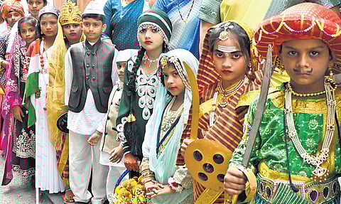 Children dressed as historical heroes as part of Children’s Day function held at KPCC office, in Bengaluru on Friday.