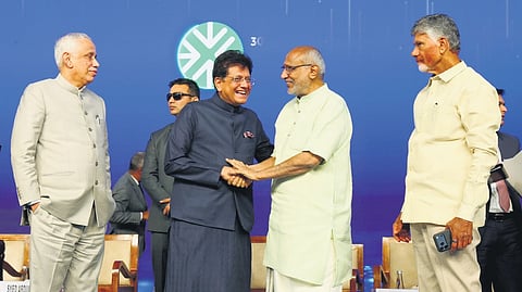 Vice President CP Radhakrishnan, Andhra Pradesh Governor S Abdul Nazeer, Chief Minister Nara Chandrababu Naidu, and other central and state ministers take part in the inaugural ceremony of 30th CII Partnership Summit in Visakhapatnam on Friday.