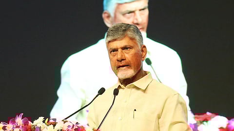 Chief minister Nara Chandrababu Naidu speaking at the 30th CII Partnership Summit in Visakhapatnam on Friday. Express photo by