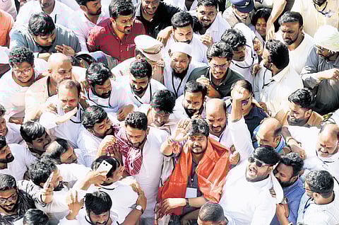 Congress candidate Naveen Yadav takes out a victory rally after winning the Jubilee Hills bypoll