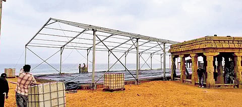 German hangers being erected at the recently spruced up Shankhumukham beach to host the Navy Day celebrations