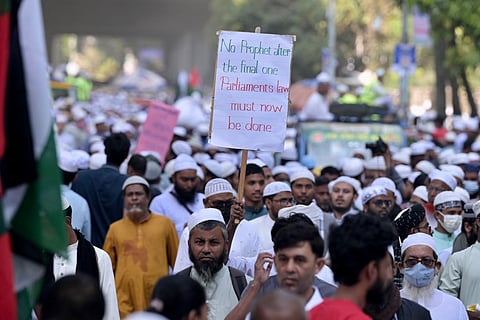 Muslims attend a rally organised by far-right Islamists in Dhaka on November 15, 2025, demanding Ahmadiya community's banishment from Islam.
Tens of thousands demanded on November 15 the banishment of the Ahmadiyya — a small Muslim sect — from Islam at a grand rally in Dhaka.