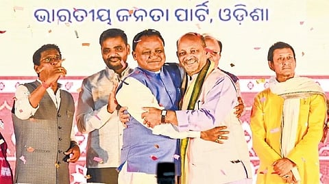 CM Mohan Majhi, state president Manmohan Samal, ministers and leaders celebrate the win, at party office in Bhubaneswar on Friday.