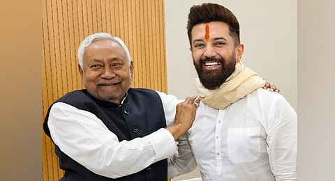 In this image posted on Nov. 15, 2025, Union Minister and LJP (Ram Vilas) chief Chirag Paswan during a meeting with Bihar Chief Minister Nitish Kumar a day after BJP-led NDA's victory in the state's Assembly elections, in Patna.