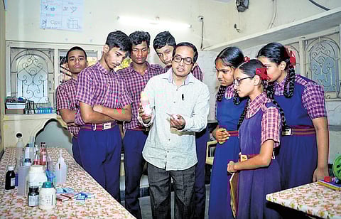 Students of Udbhav schools along with their instructors in Hyderabad.
