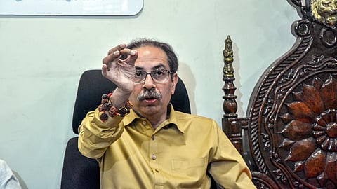 Shiv Sena (UBT) Chief Uddhav Thackeray speaks during a press conference in Mumbai.