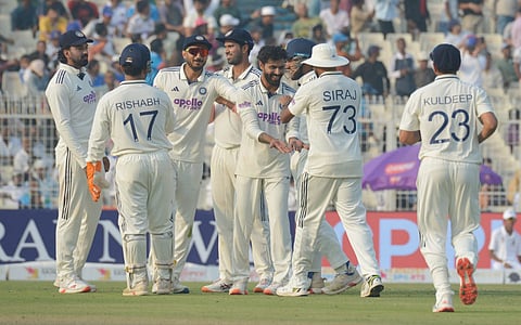 Ravindra Jadeja celebrates a wicket against South Africa on the second day of the first Test at Eden Gardens in Kolkata (Express Photo | Sayantan Ghosh)