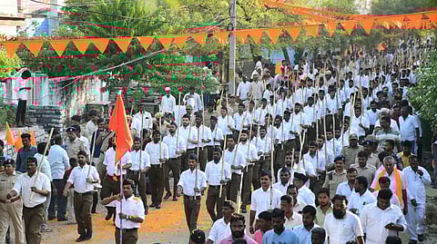 RSS volunteers clad in uniform and carrying lathi in their hands covered about 1.3 kms during the Patha Sanchalana.