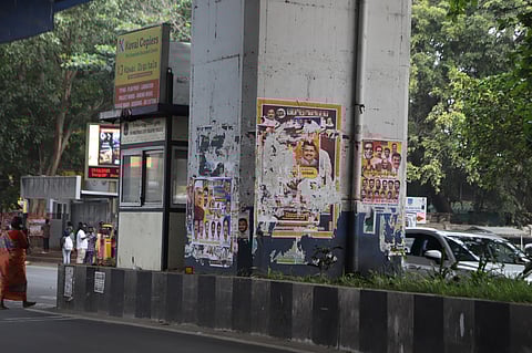 The Trichy Road Flyovers pillars have turned into a hot spot for illegal posters in the city. (for Aravind Rajs story).