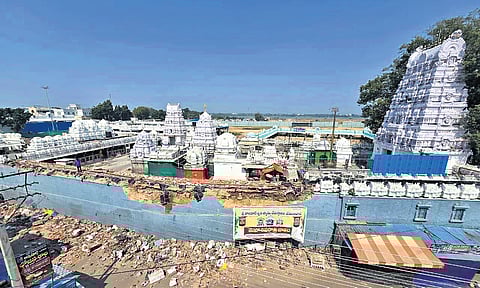 Portions of Vemulawada temple premises demolished in Rajanna-Sircilla on Sunday.