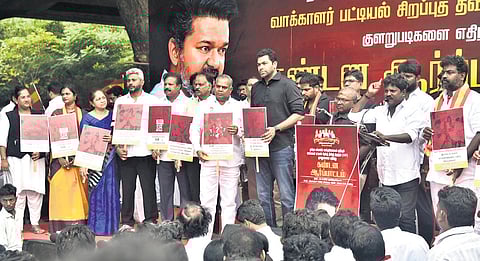 Leaders and functionaries of TVK staging a protest against the SIR of electoral rolls, in Chennai on Sunday
