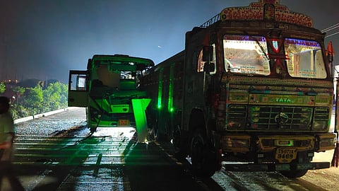 The RTC Rajdhani bus hit the sand truck that was parked without any precaution.