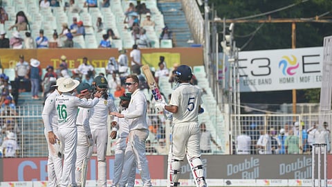 South African players celebrate the dismissal of India’s Washington Sundar on Day 3 of the first Test at Eden Gardens in Kolkata on Sunday, Nov. 16, 2025.