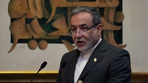 Iranian Foreign Minister Abbas Araghchi addresses a conference titled "International Law Under Assault: Aggression and Self-Defense" in Tehran, Iran, Sunday, Nov. 16, 2025.