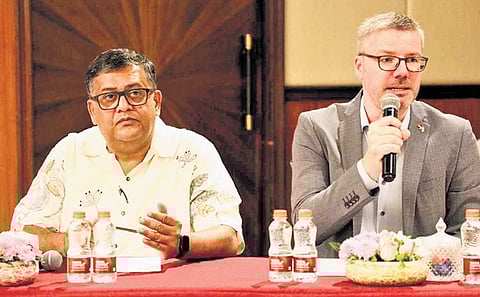 Kerala Literature Festival 2025 chief facilitator Ravi Deecee and Goethe-Institut Bangalore director Dr Michael Heinst brief the media on the event.
