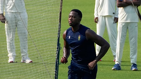 South Africa's Kagiso Rabada during a practice session ahead of their first test cricket match between India and South Africa, in Kolkata, India, Tuesday, Nov. 11, 2025.