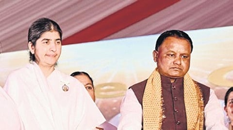 CM Majhi along with motivational speaker Sister BK Shivani at the golden jubilee celebration of Brahma Kumaris