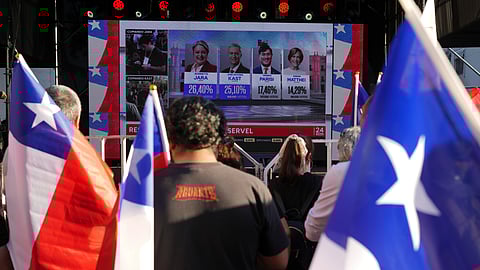 Supporters of presidential candidate Jeannette Jara of the Unidad por Chile coalition watch results come in during general elections in Santiago, Chile, Sunday, Nov. 16, 2025