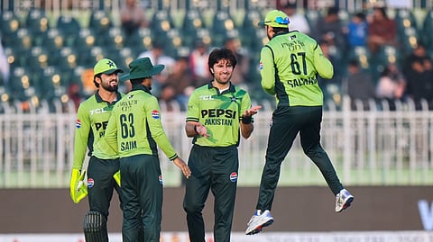 Pakistan's Mohammad Wasim, center, celebrates with teammates after the dismissal of Sri Lanka's Kusal Mendis during the third one day international cricket match between Pakistan and Sri Lanka, in Rawalpindi, Pakistan, Sunday, Nov. 16, 2025.