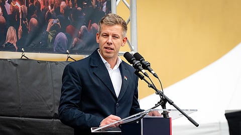 Leader of the Hungarian opposition Tisza Party Peter Magyar delivers his speech during the party's nationwide roadshow in Gyor, Hungary, Saturday, Nov. 15, 2025.