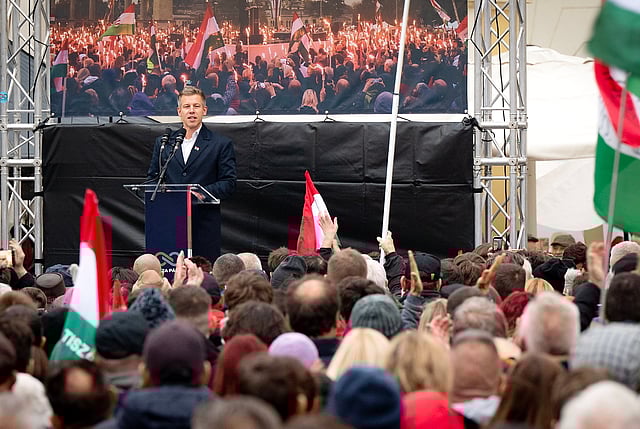 Leader of the Hungarian opposition Tisza Party Peter Magyar delivers his speech during the party's nationwide roadshow in Gyor, Hungary, Saturday, Nov. 15, 2025.